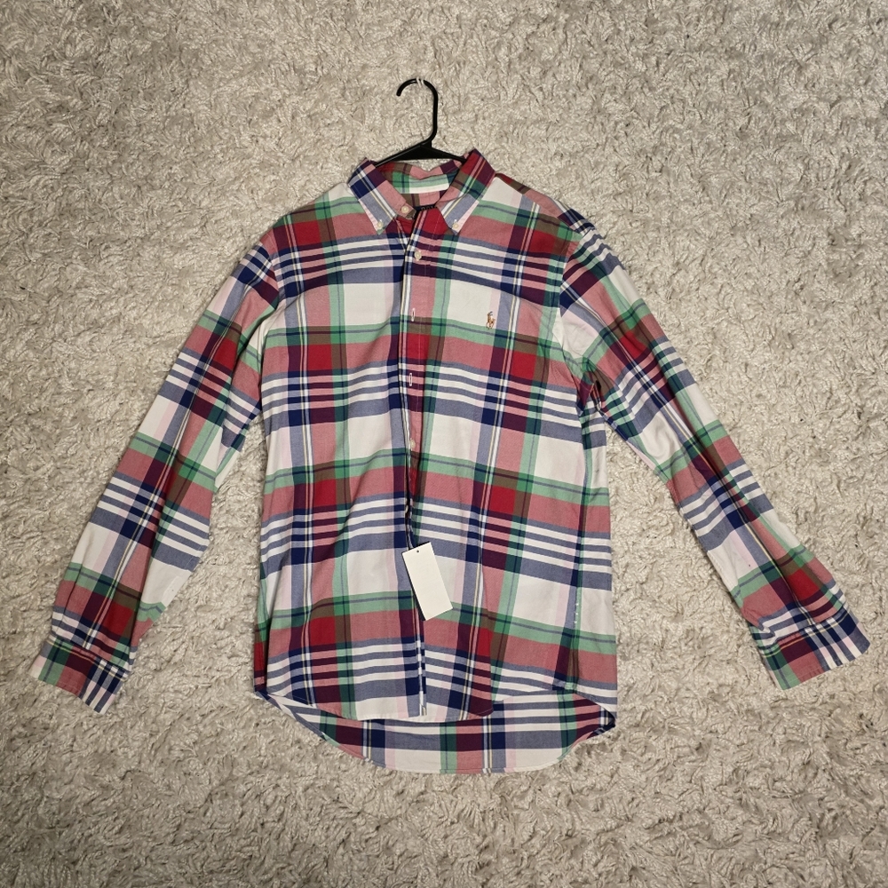 POLO RALPH LAUREN Men's ClassicFit Long Sleeve Oxford Shirt (Red White Multi, L)